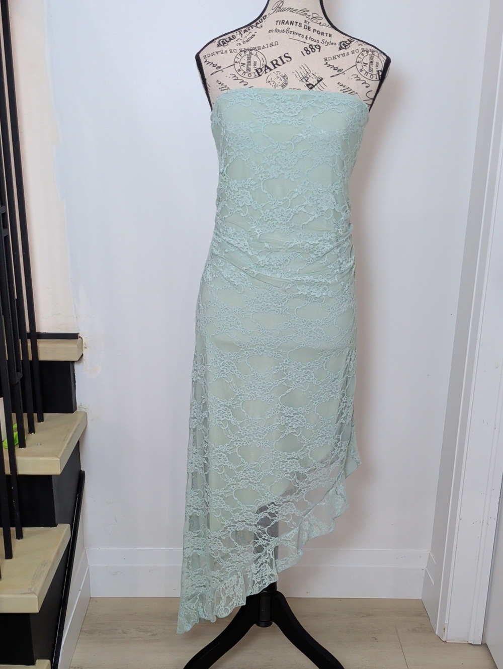 SEE YOU MONDAY | Women's Sage Green Strapless Lace High-Low Hemline Midi Dress